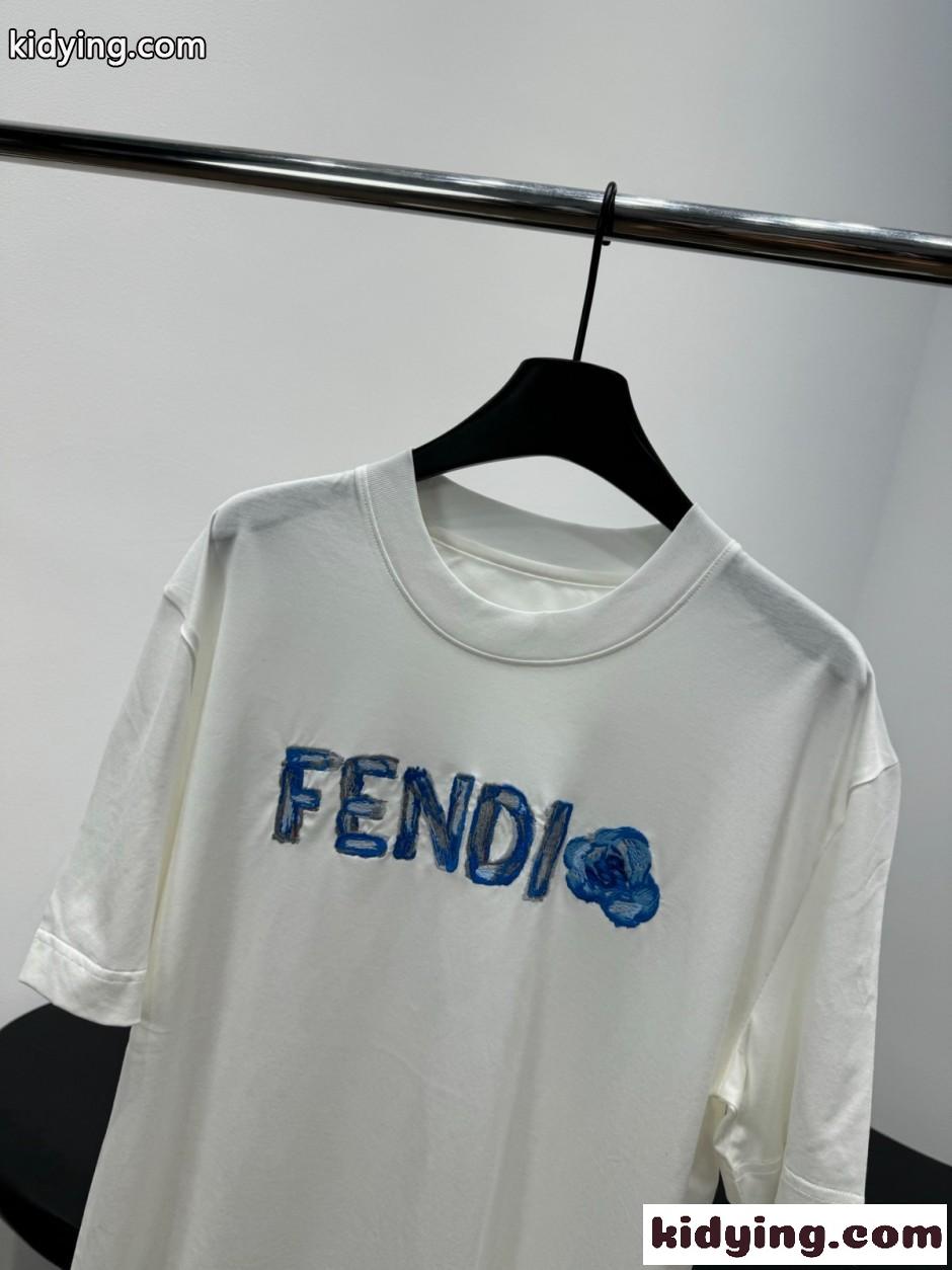 ユニセックス ロゴ コットン 半袖Tシャツ フェンディ Tシャツ 偽物 ホワイト-1