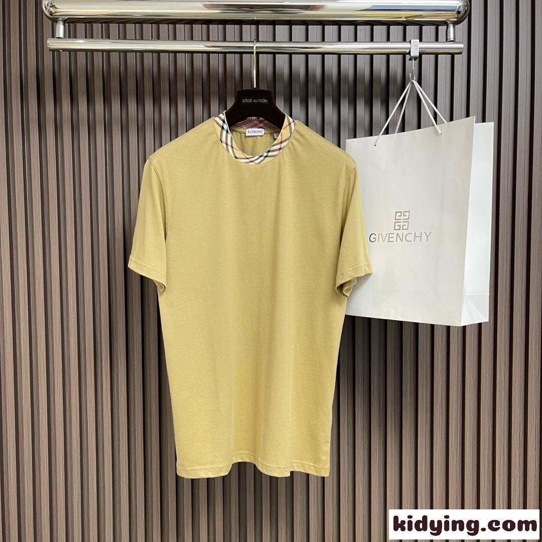 おしゃれ チェックトリム コットンTシャツ バーバリー Tシャツ コピー カーキ-0