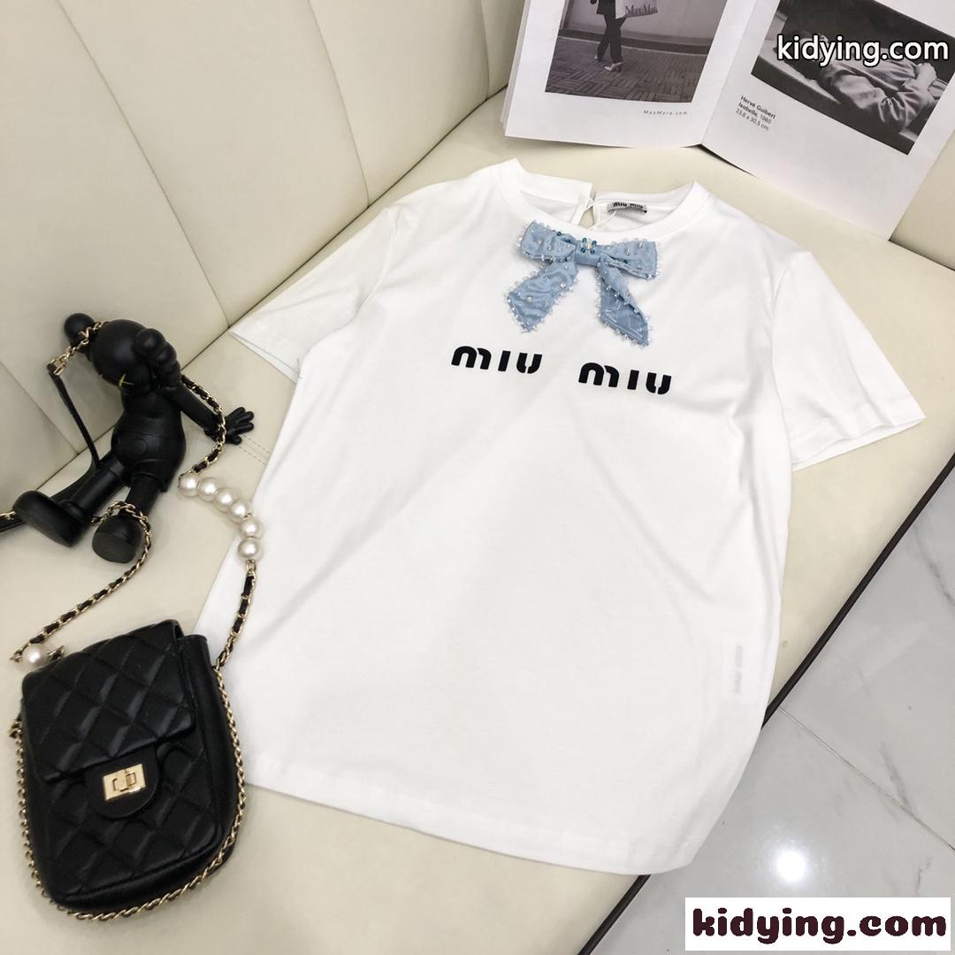 ベーシック 可愛い ロゴ プリント リボン クルーネック ミュウミュウ 半袖tシャツ コピー 春夏 レディース トップス-1