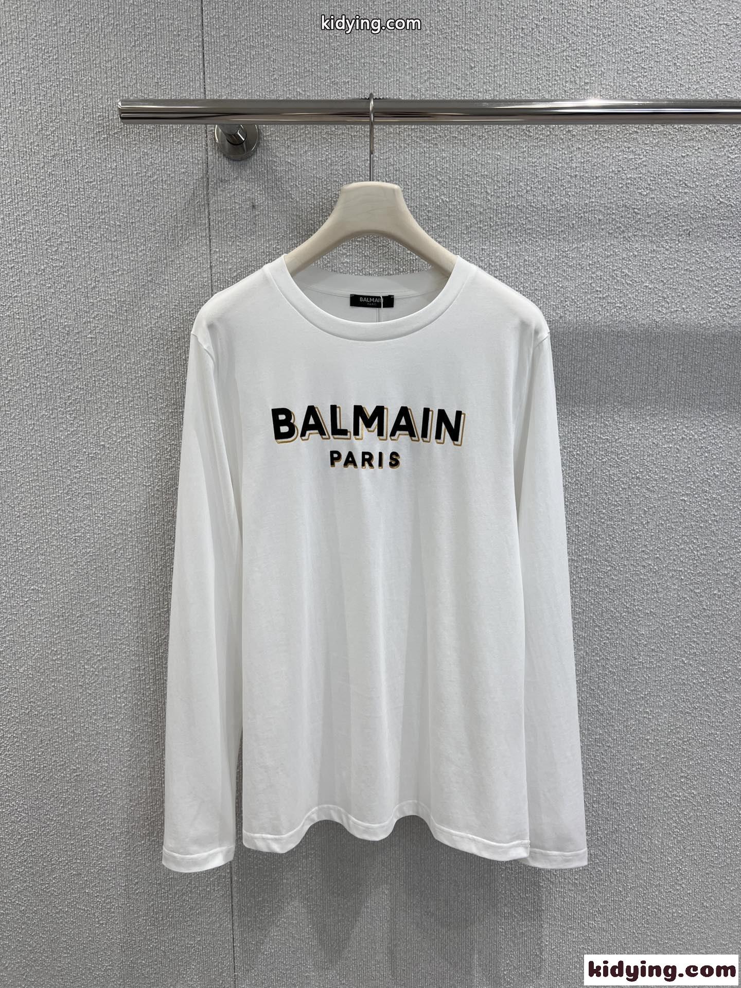 シンプル ロゴプリント 長袖Tシャツ バルマン Tシャツ コピー コットン ホワイト-1