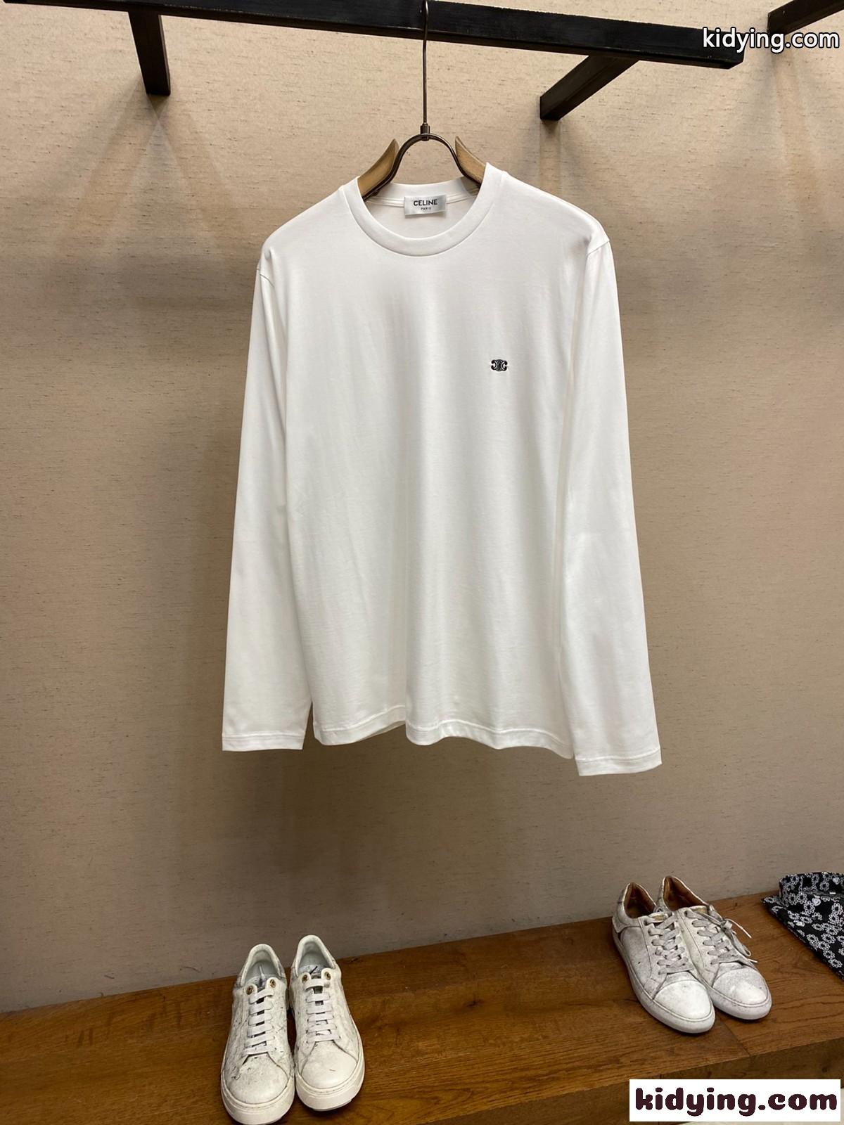 ベーシック ロゴ クルーネック コットン 長袖Tシャツ セリーヌ Tシャツ コピー ホワイト-1