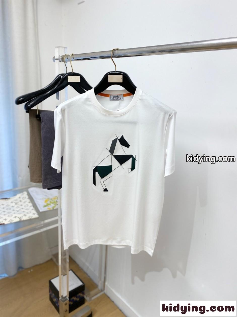 カジュアル ホース レザーパッチ クルーネック エルメス Tシャツ 偽物 ホワイト-0