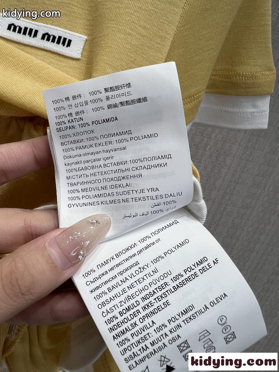 ビジューネック レイヤード風 半袖Tシャツ ミュウミュウ Tシャツ 偽物 イエロー-4