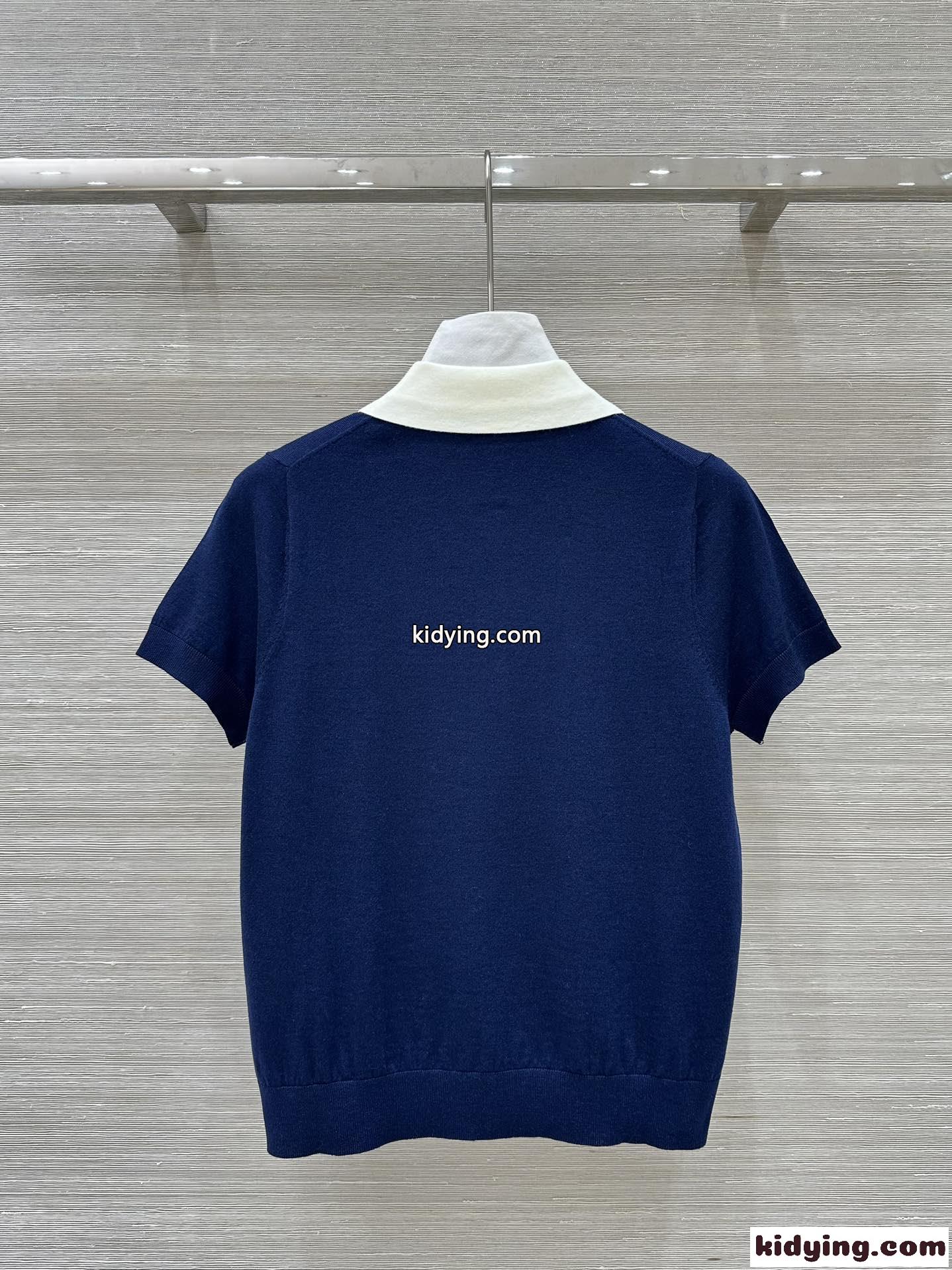 洗練された 上品 半袖 ニットポロ ミュウミュウ ニット コピー ネイビー-4