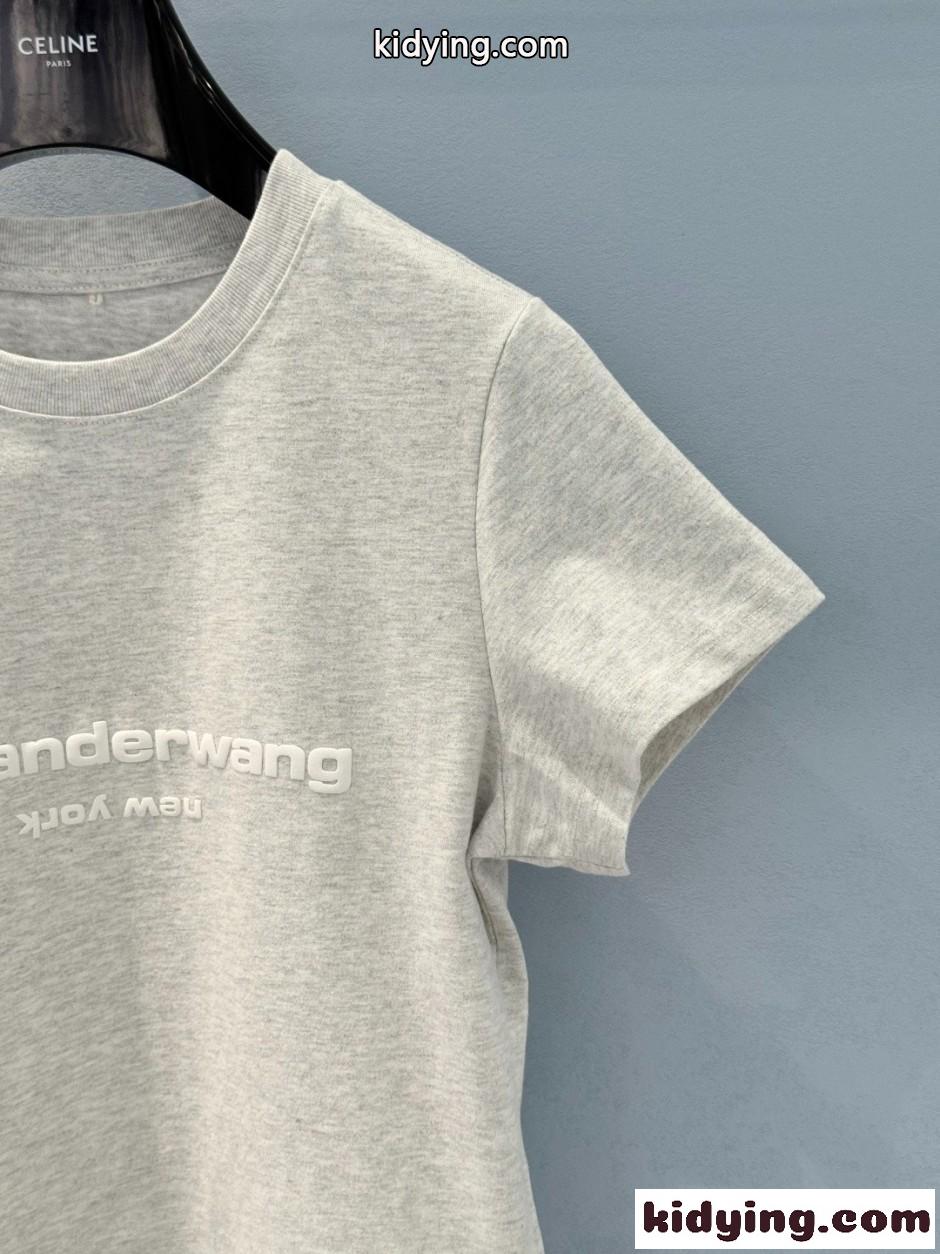 アレキサンダーワング Tシャツ 偽物 シンプル ロゴ入り 半袖Tシャツ コットン グレー-3