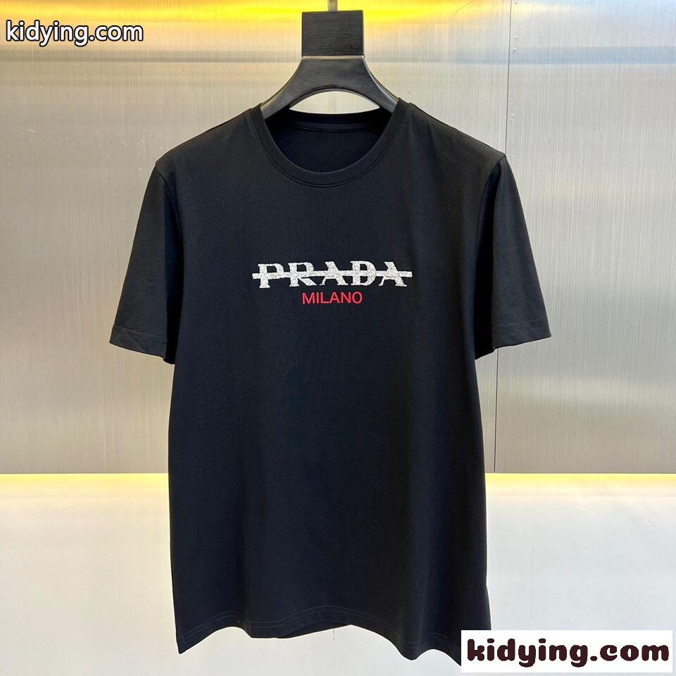 ベーシック 着回し ロゴ クルーネック プラダ Tシャツ コピー メンズ 半袖 トップス ブラック-0
