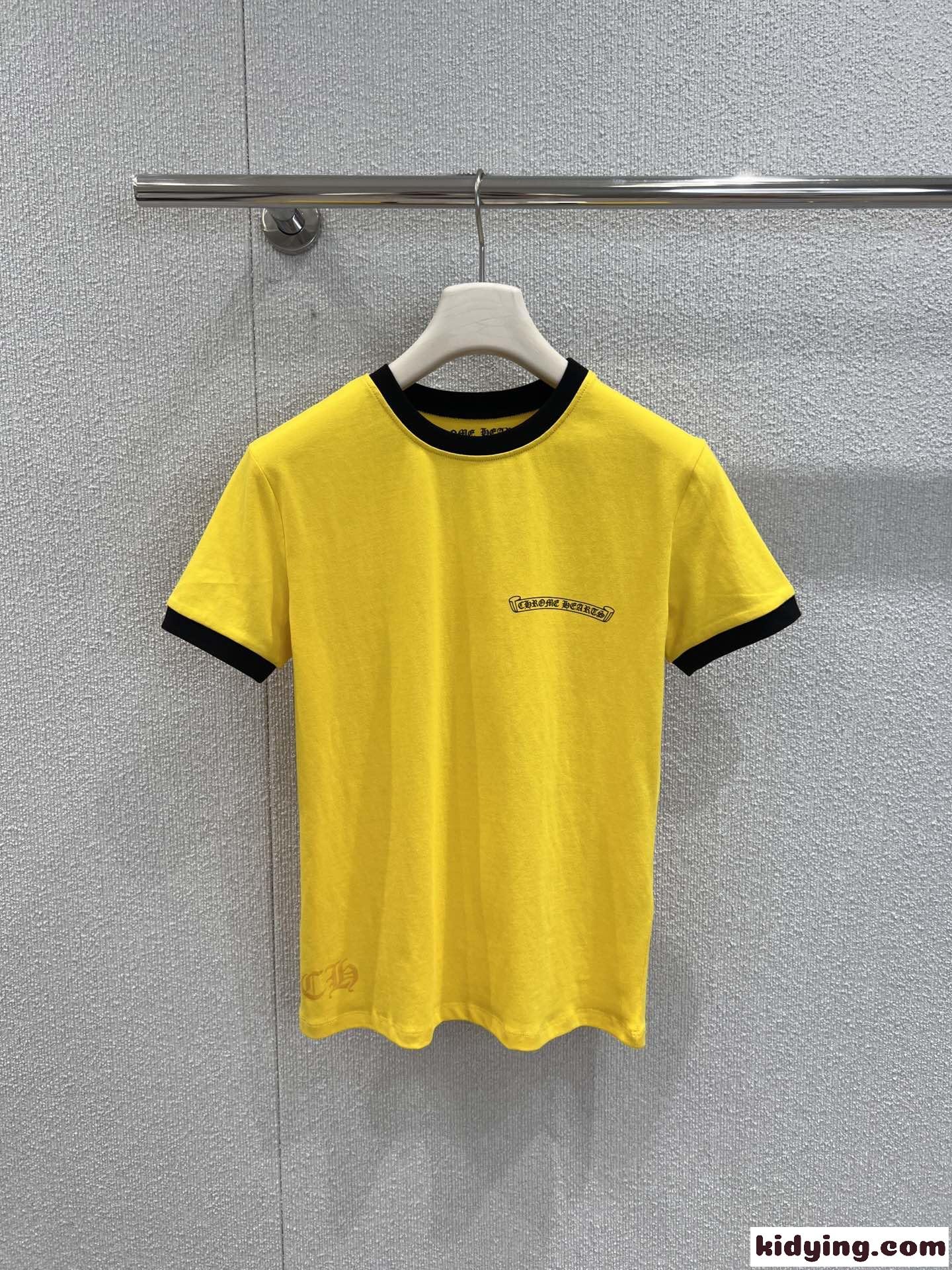 カジュアル ロゴプリント 半袖Tシャツ クロムハーツ Tシャツ 偽物 コットン イエロー-1