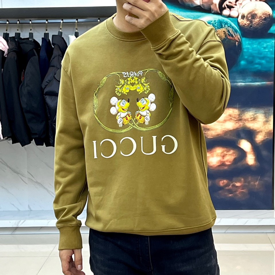 プリント コットン スウェットシャツ グッチ Tシャツ コピー クルーネック カーキ-1