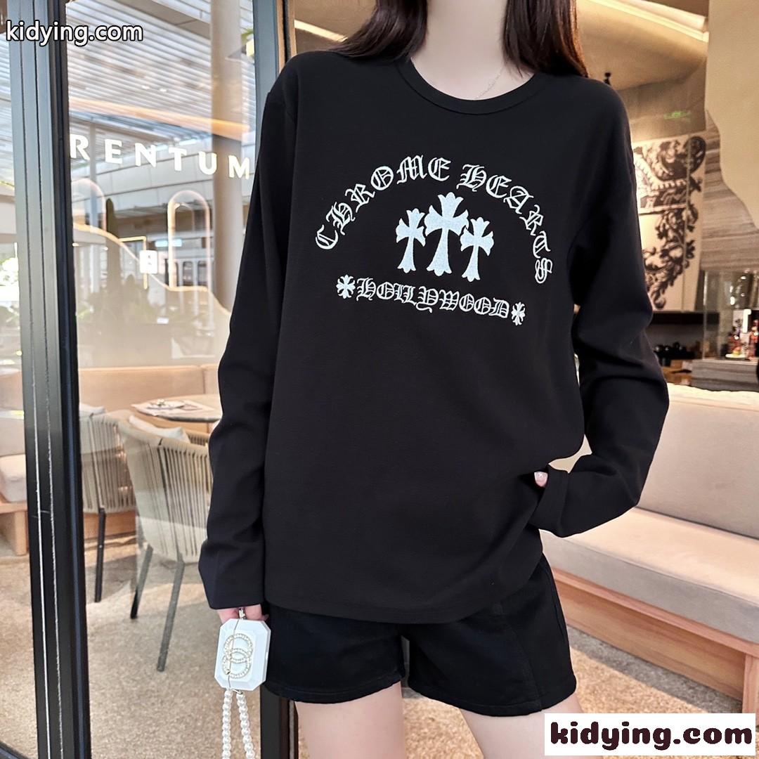 男女兼用 ロゴ 刺繍 クルーネック 長袖Tシャツ クロムハーツ Tシャツ コピー-3