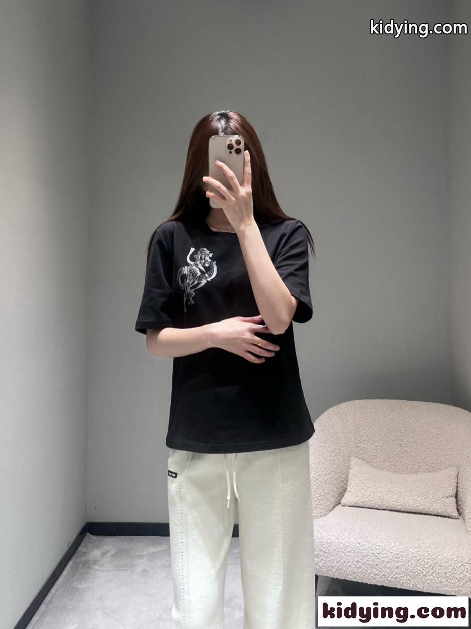 コットン プリント 半袖Tシャツ エルメス Tシャツ コピー クルーネック ブラック-3