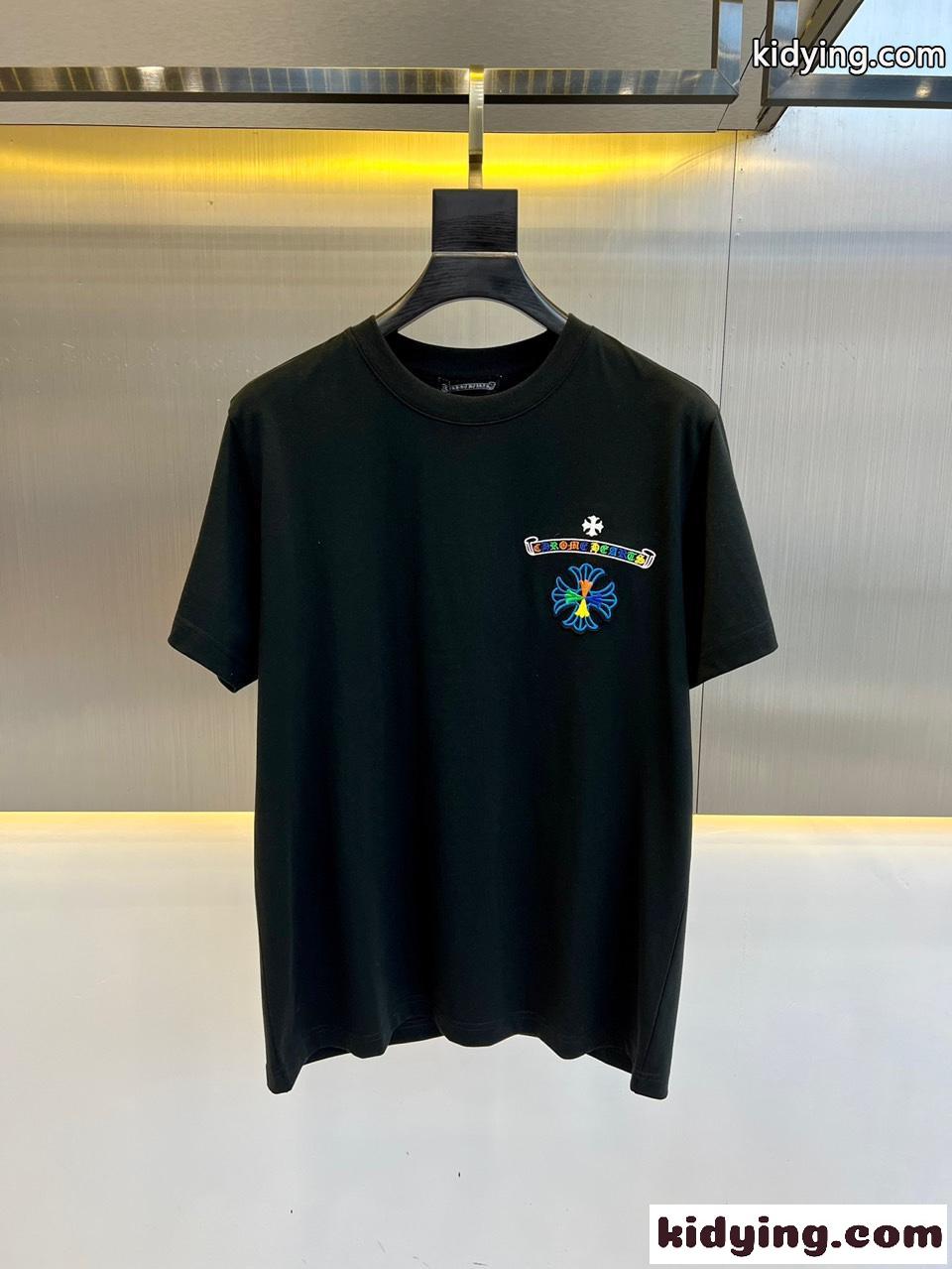 マルチカラー刺繍入り クロムハーツ 半袖Tシャツ コピー クルーネック ブラック-0