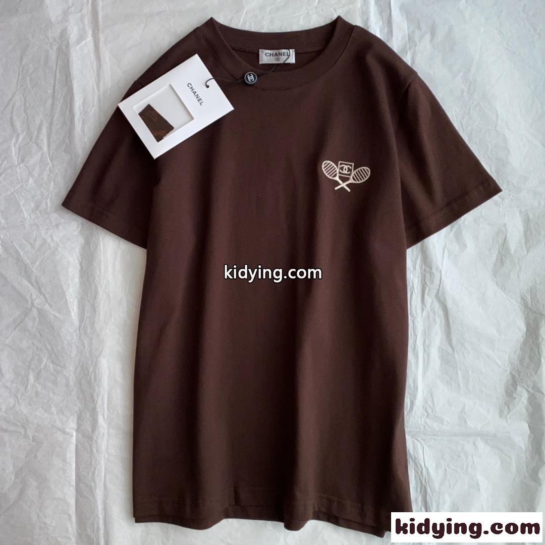 シンプル ゆったり コットン 刺繍 シャネル tシャツ コピー クルーネック 着痩せ 春夏 定番 トップス-1