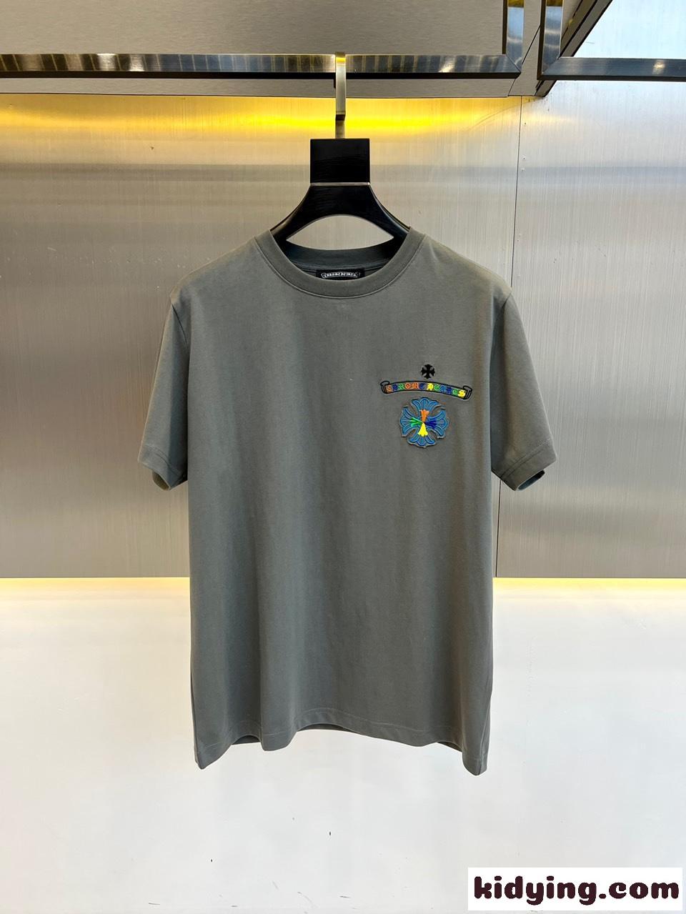 マルチカラー刺繍入り クロムハーツ 半袖Tシャツ コピー クルーネック グレー-0