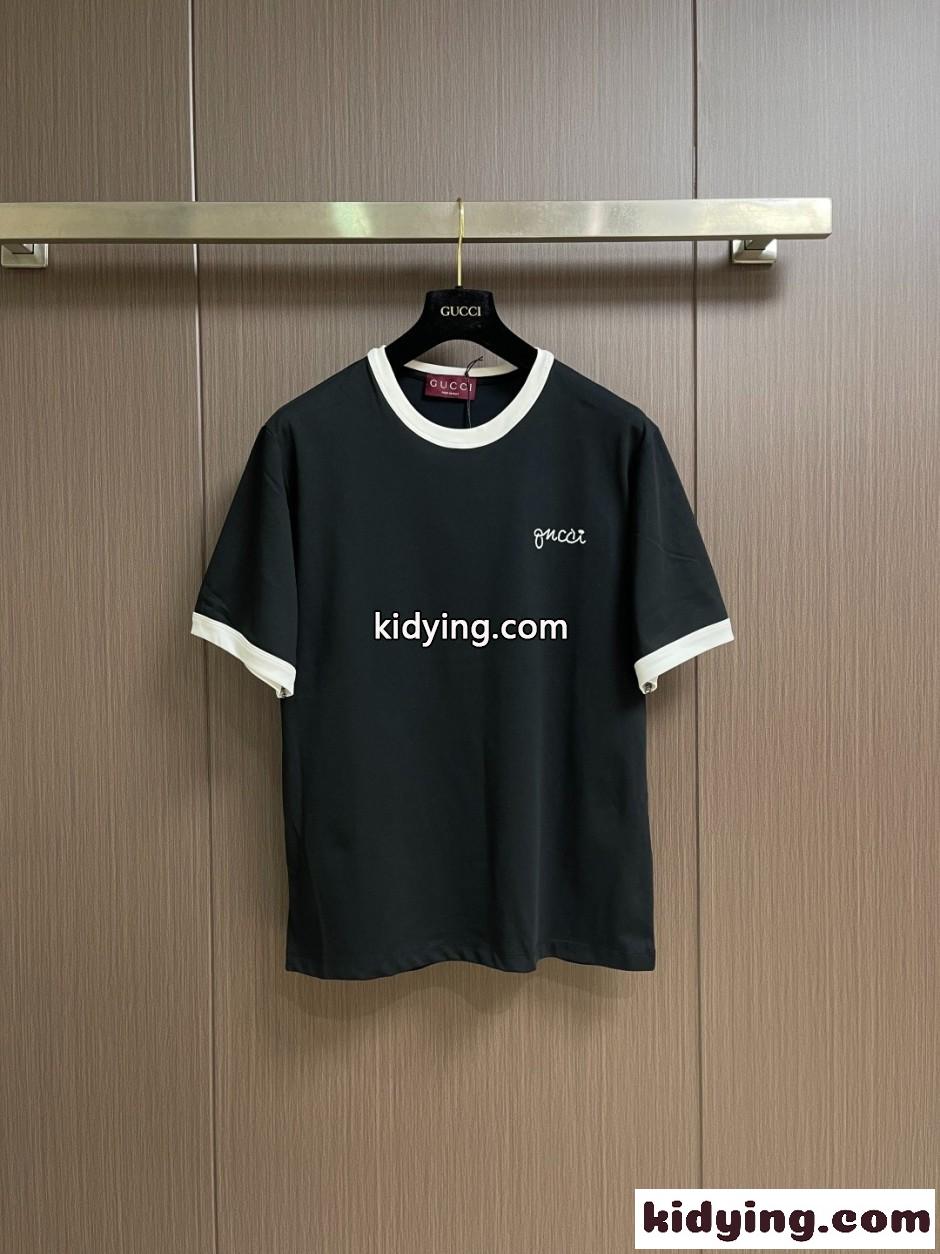 配色 スクリプトロゴ リンガーTシャツ グッチ Tシャツ 偽物 コットン ブラック-0