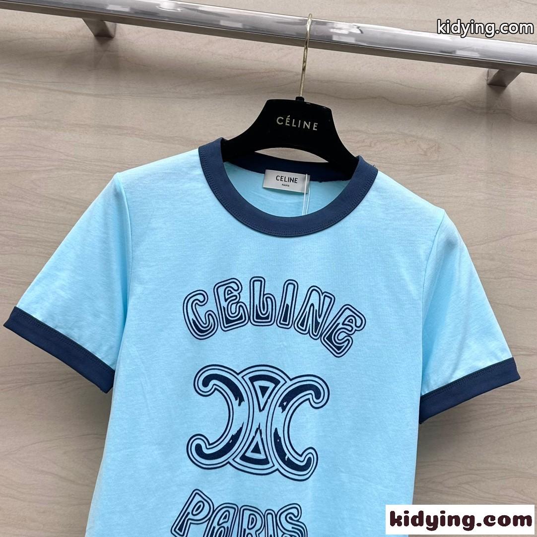 定番 人気 ロゴ クルーネック 半袖Tシャツ セリーヌ Tシャツ コピー ブルー-1