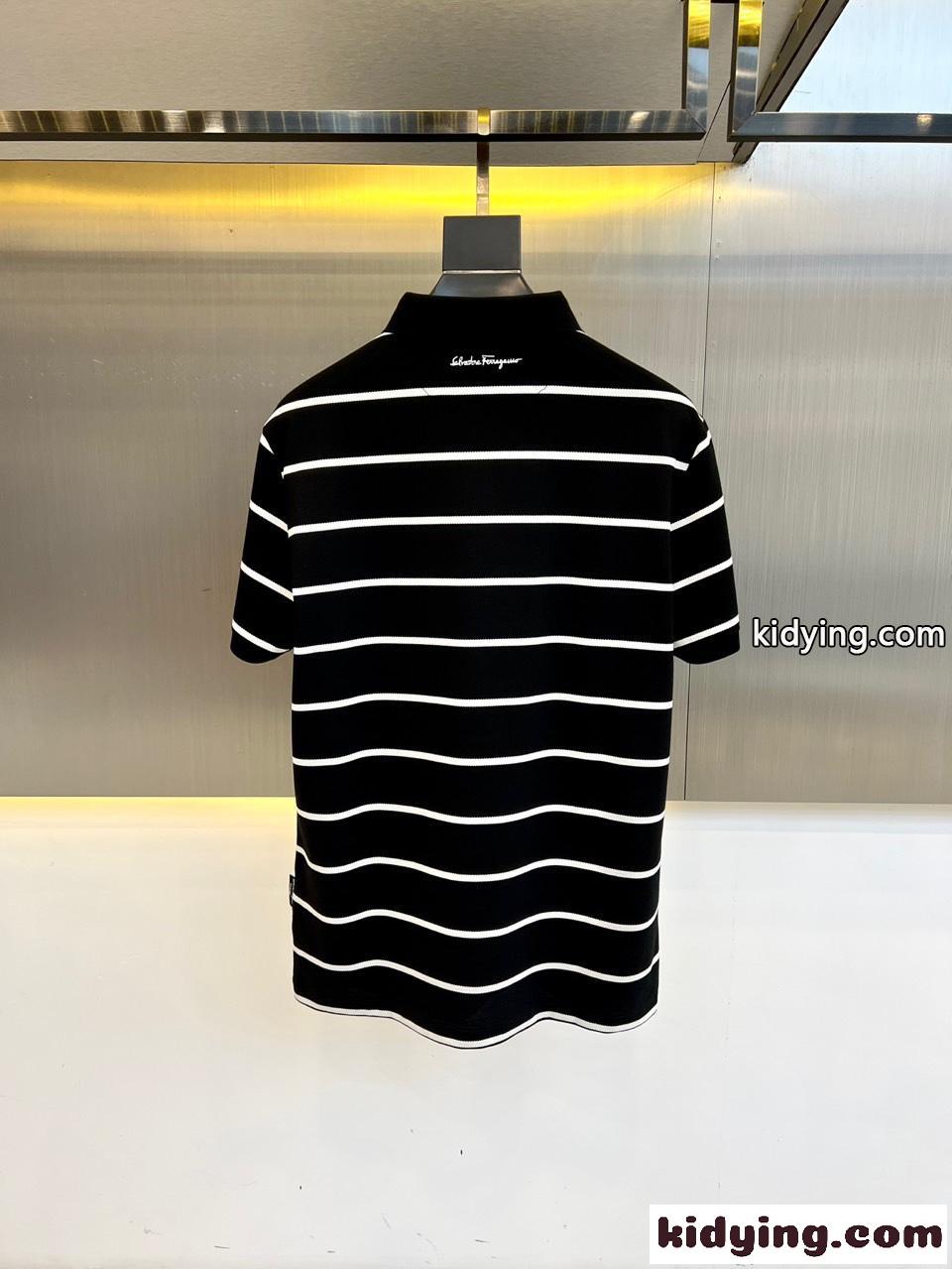 爽やか ボーダー柄 コットンピケ ポロシャツ サルヴァトーレ・フェラガモ Tシャツ 偽物 ブラック-3