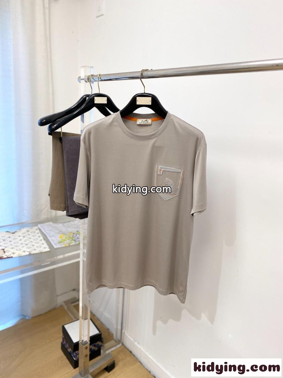 異素材ディテール クルーネック 半袖Tシャツ エルメス Tシャツ 偽物 グレージュ-0