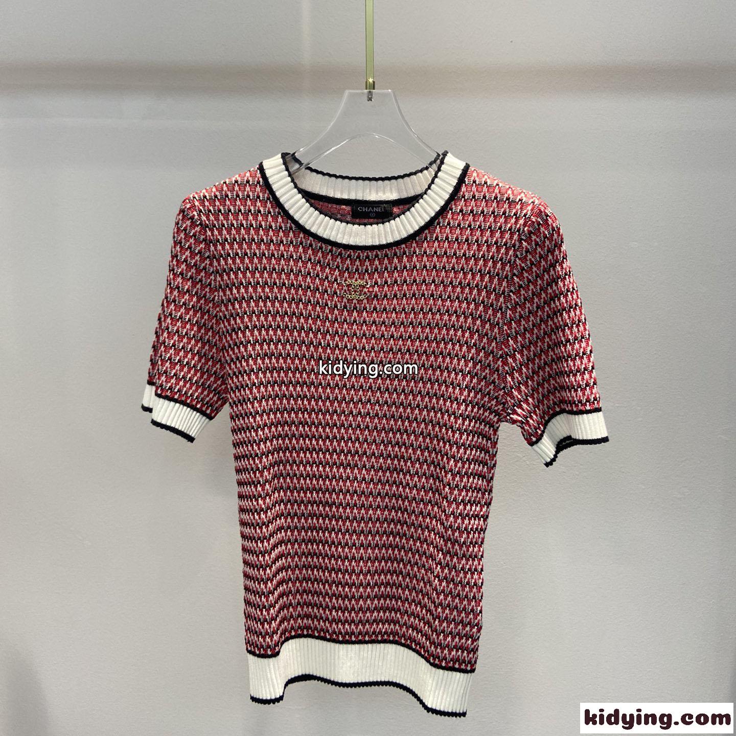可愛い 配色 半袖 ニット シャネル Tシャツ コピー レディース 春夏 トップス-1