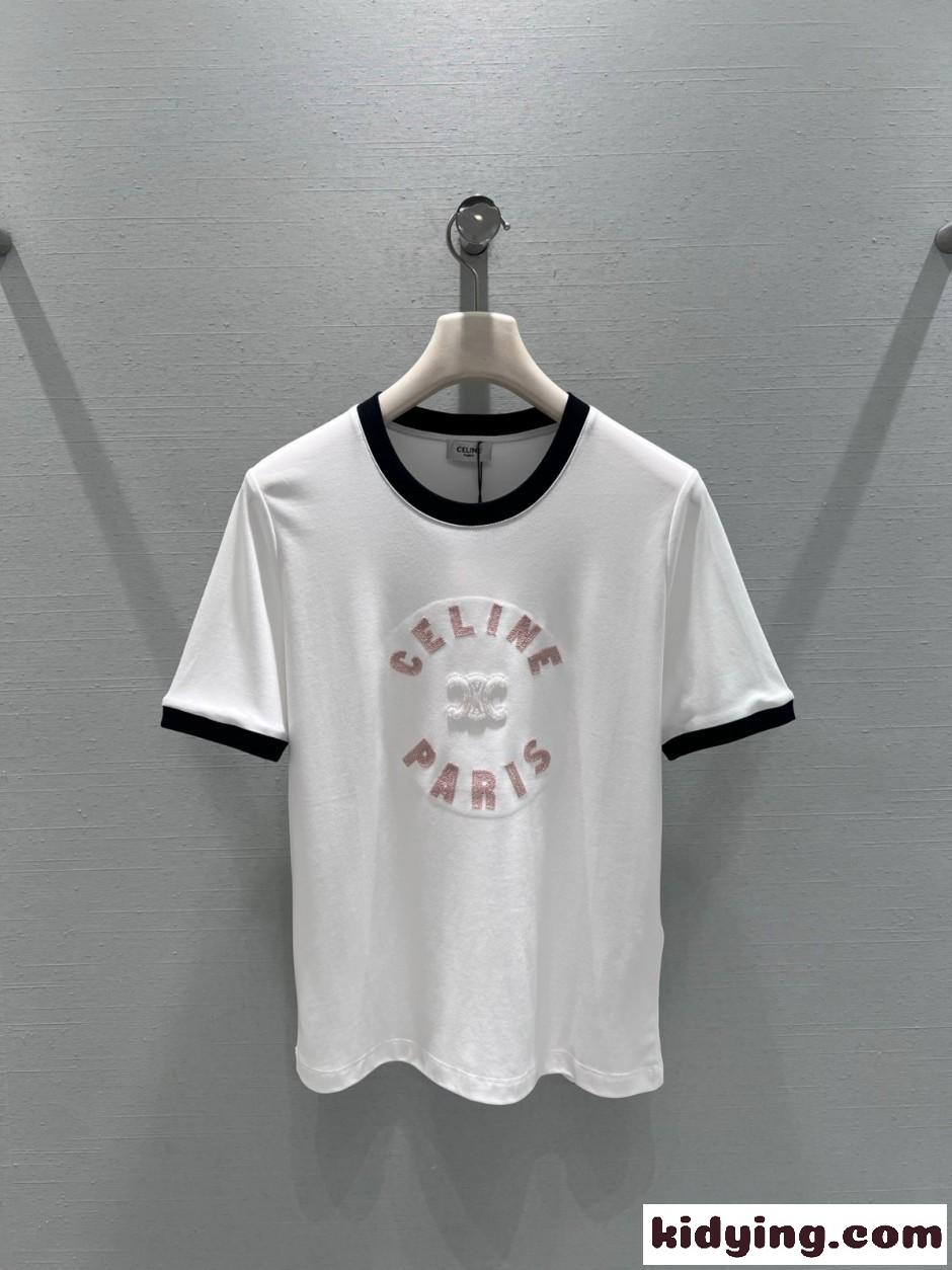 カジュアル おしゃれ コットン 半袖Tシャツ セリーヌ Tシャツ 偽物 ホワイト-0