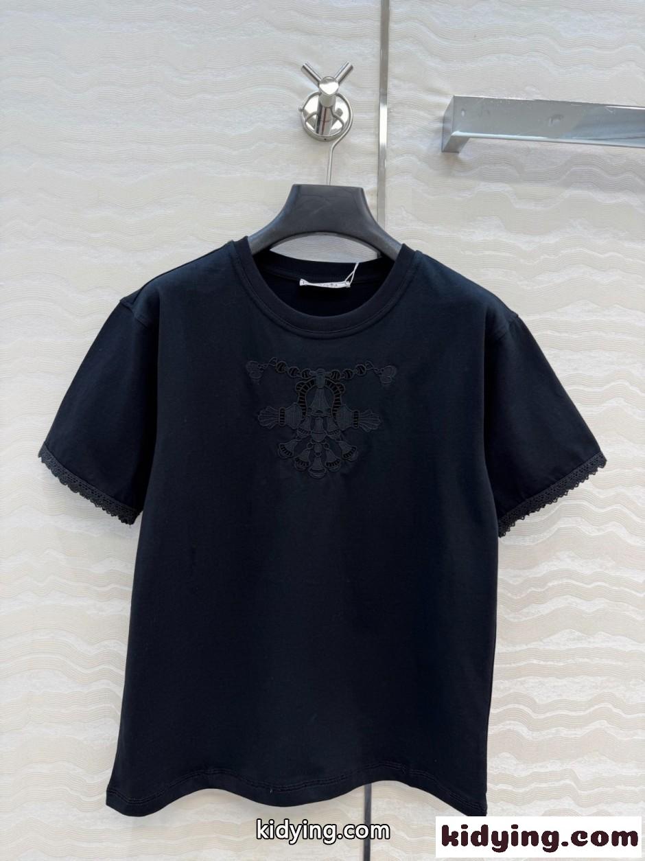 刺繍入り コットン 半袖Tシャツ エルメス Tシャツ コピー クルーネック ブラック-0