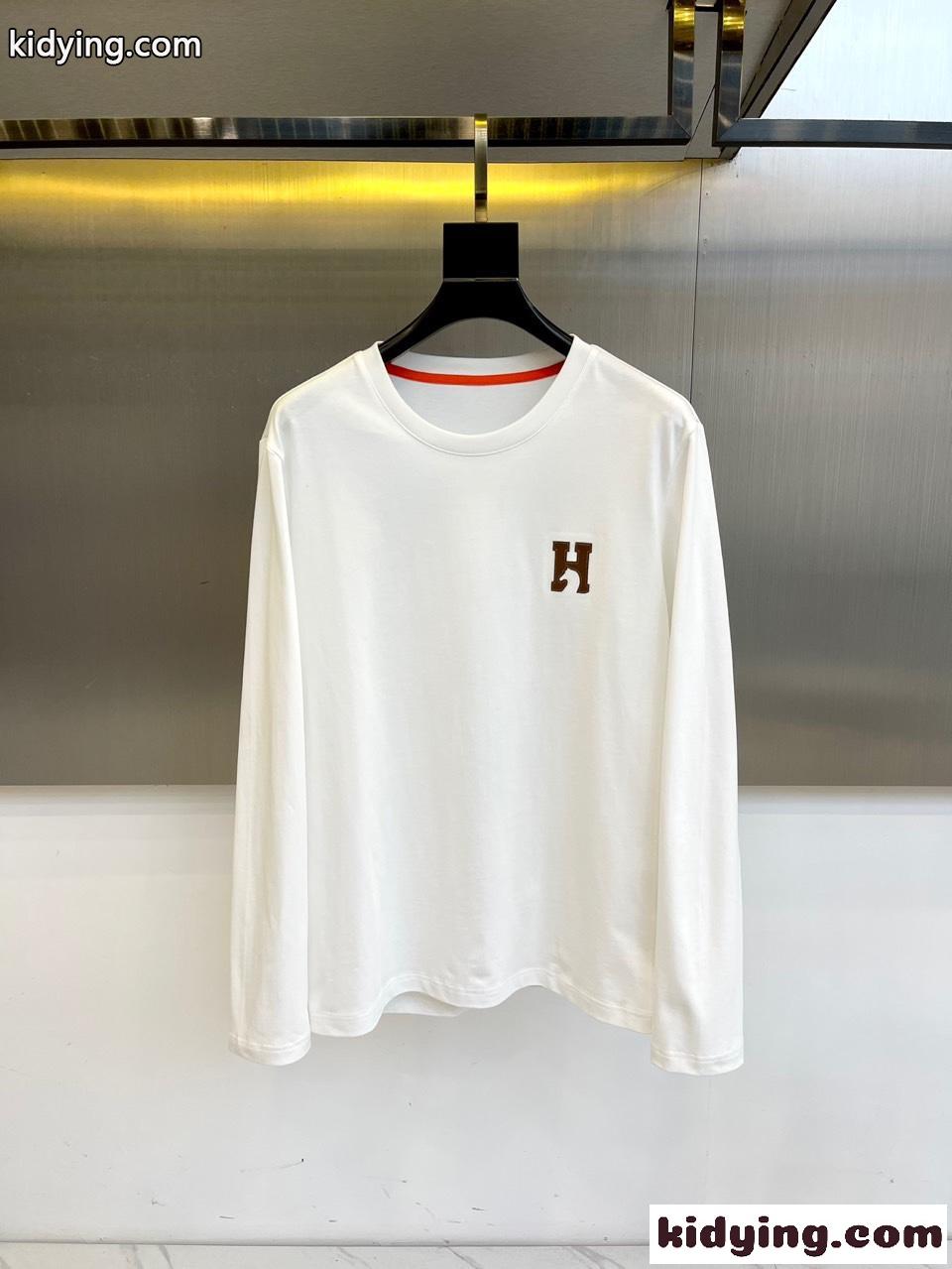 シンプル コットン 長袖Tシャツ エルメス Tシャツ コピー クルーネック ホワイト-0