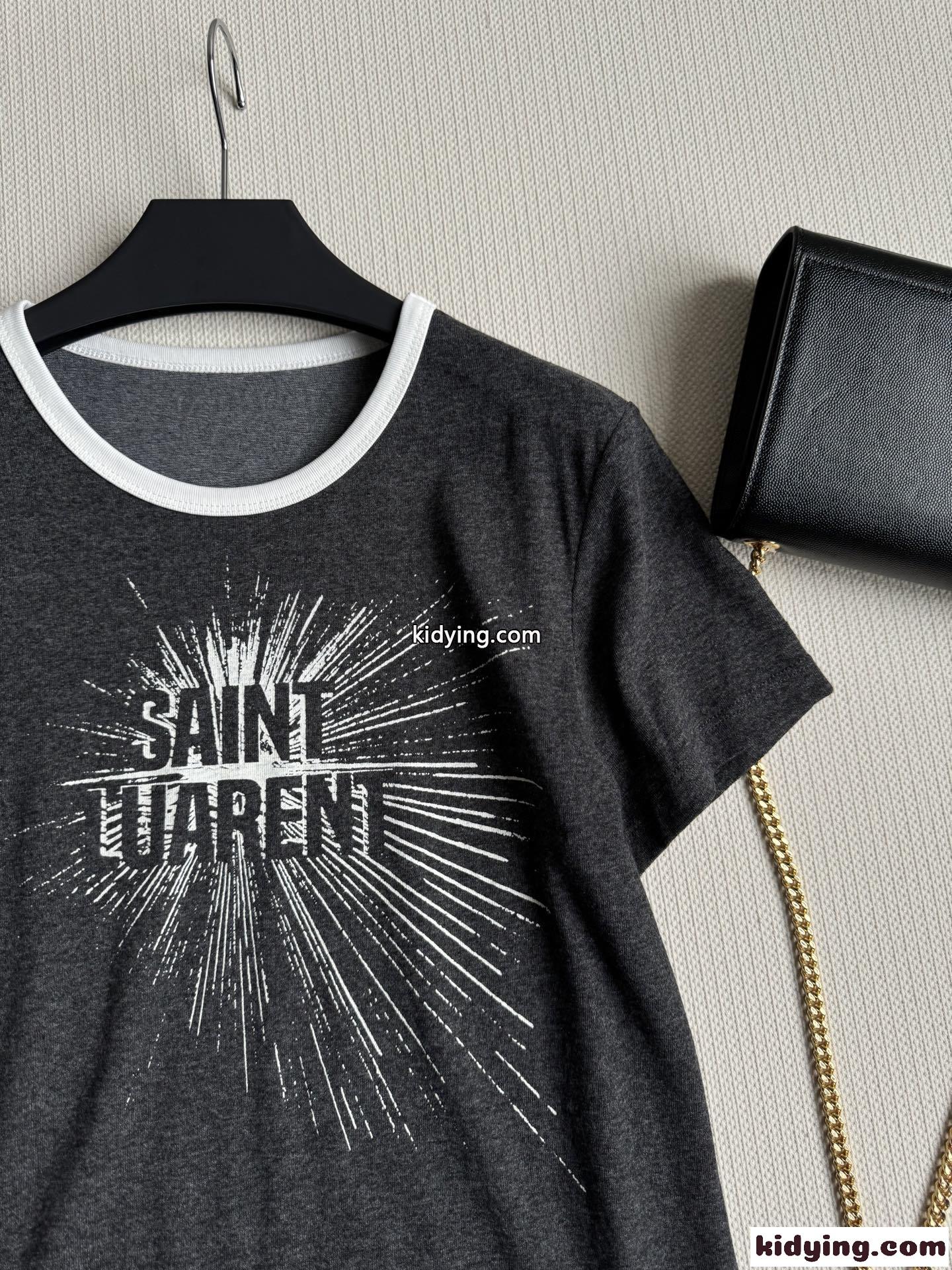 カジュアル 定番 配色 半袖Tシャツ イヴ・サンローラン Tシャツ コピー グレー-2