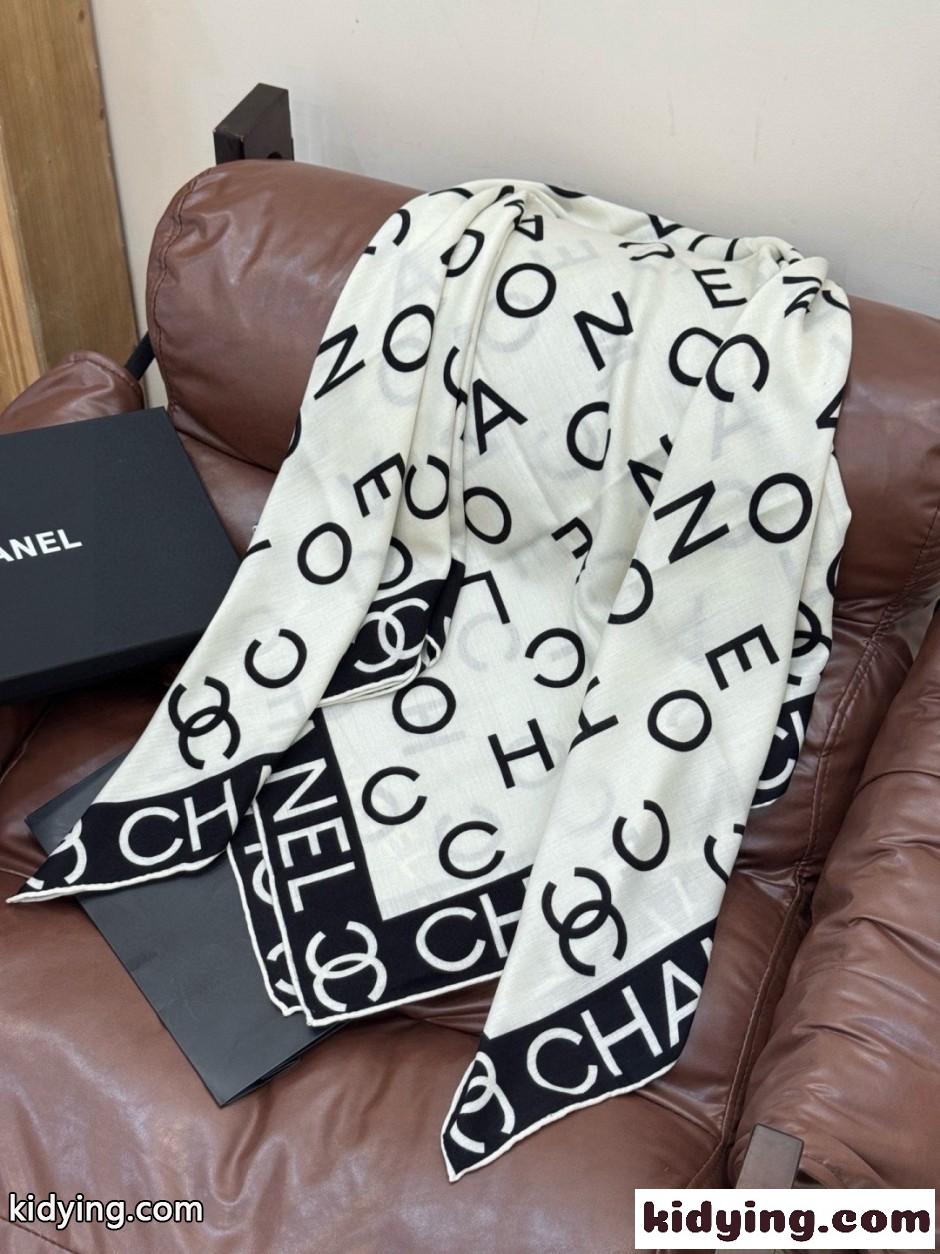 シルク＆カシミヤ ロゴ ストール シャネル スカーフ コピー 135cm-0