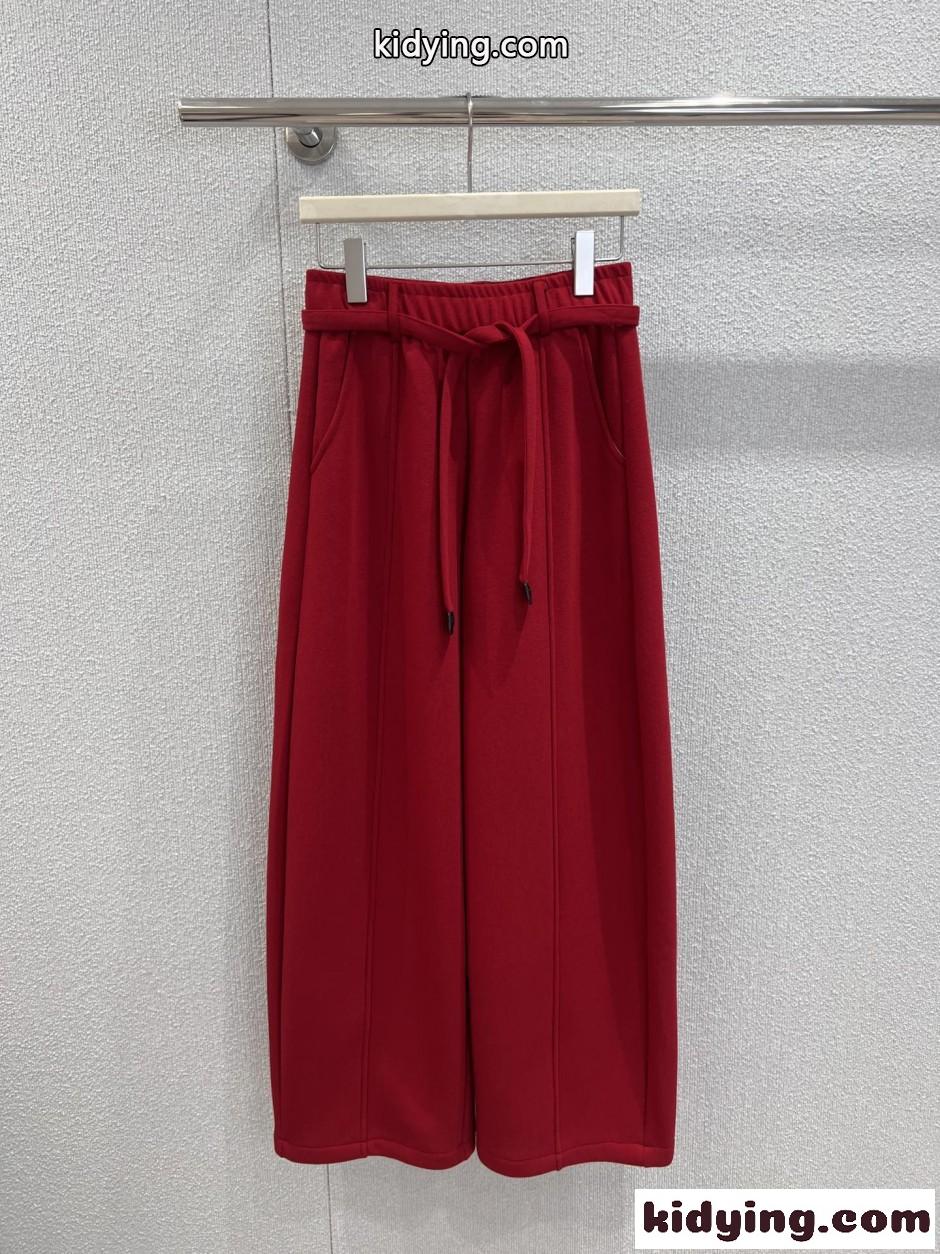 エレガント リラックス 裏起毛 ワイドパンツ ロエベ パンツ 偽物 ベルト付き レッド-1