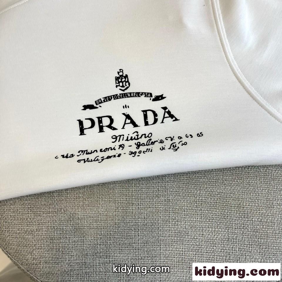 シンプル ロゴ クルーネック 長袖Tシャツ プラダ Tシャツ 偽物 ホワイト-4