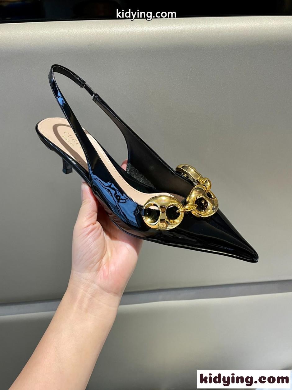 洗練された パテントレザー スリングバックパンプス グッチ パンプス コピー ブラック-3