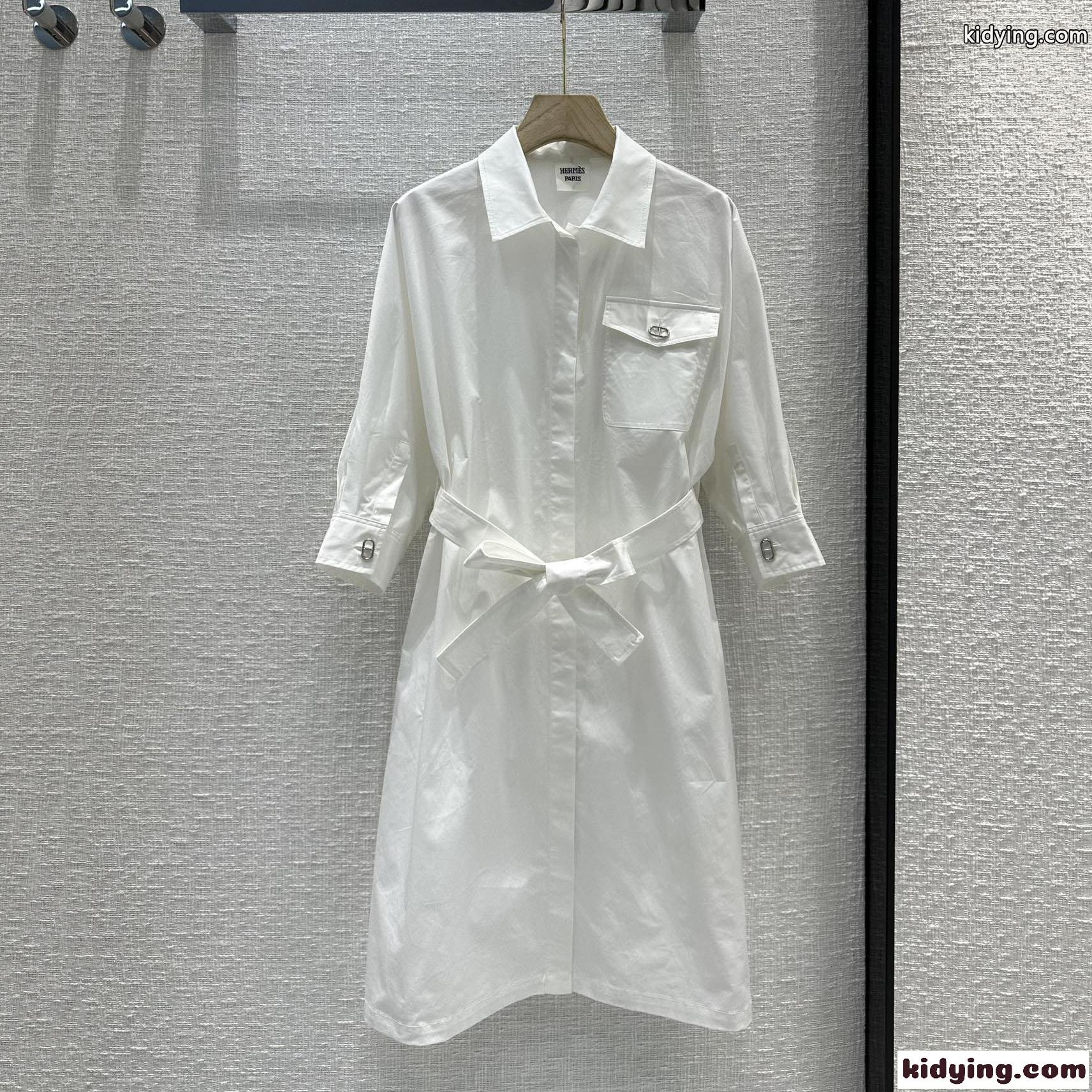 23SS◆シンプルお洒落♪無地 シャツワンピース エルメス ワンピース コピー レディース ホワイト-2