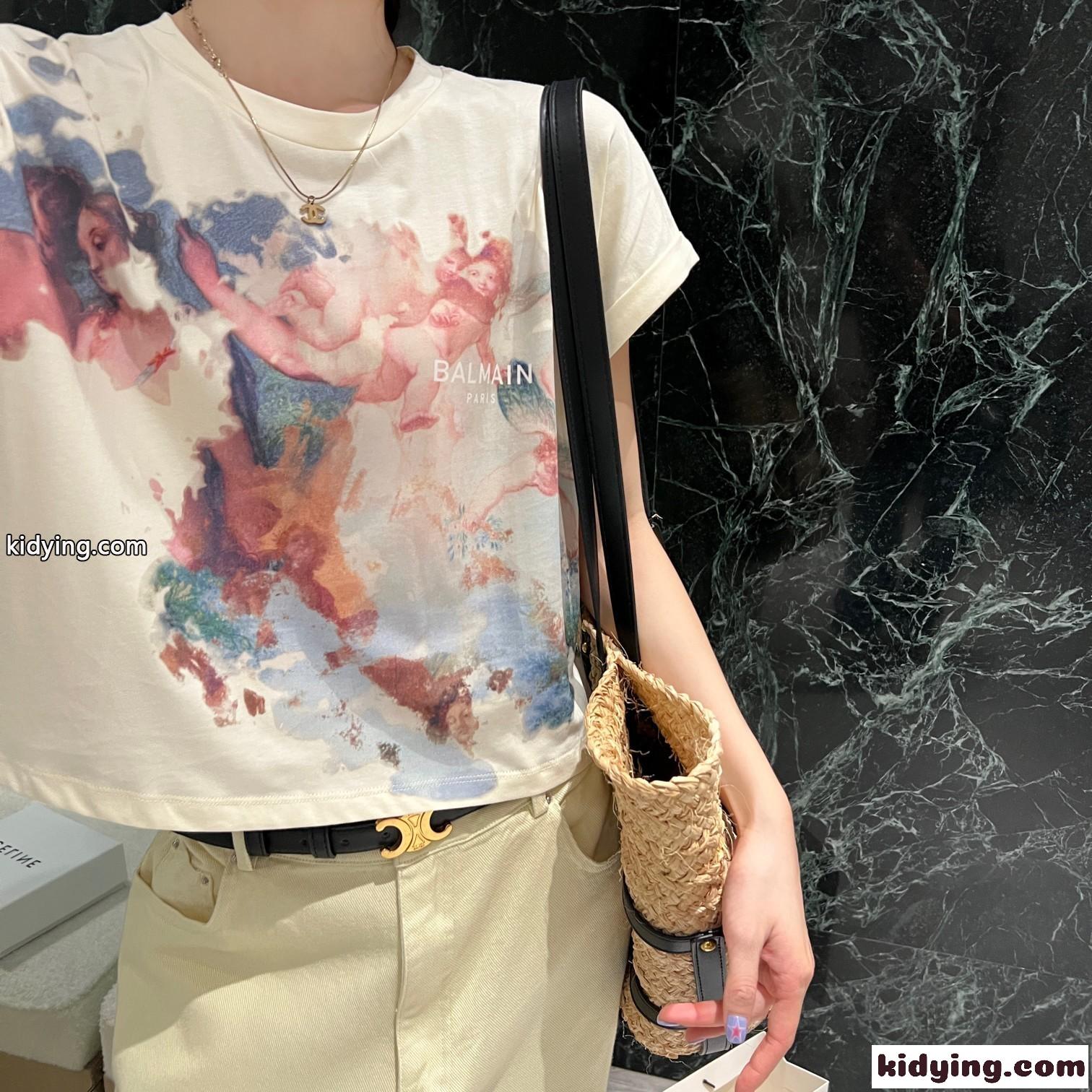 パステルプリント クロップドTシャツ バルマン Tシャツ コピー コットン 半袖 トップス-5