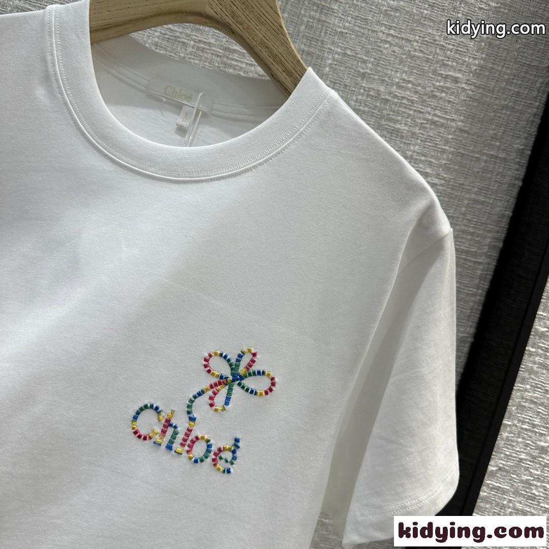 カジュアル 刺繍入り 半袖Tシャツ クロエ Tシャツ コピー ホワイト-3
