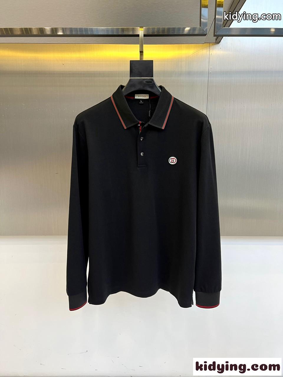 カジュアル 上品 コットン 長袖 ポロシャツ グッチ Tシャツ 偽物 ブラック-0