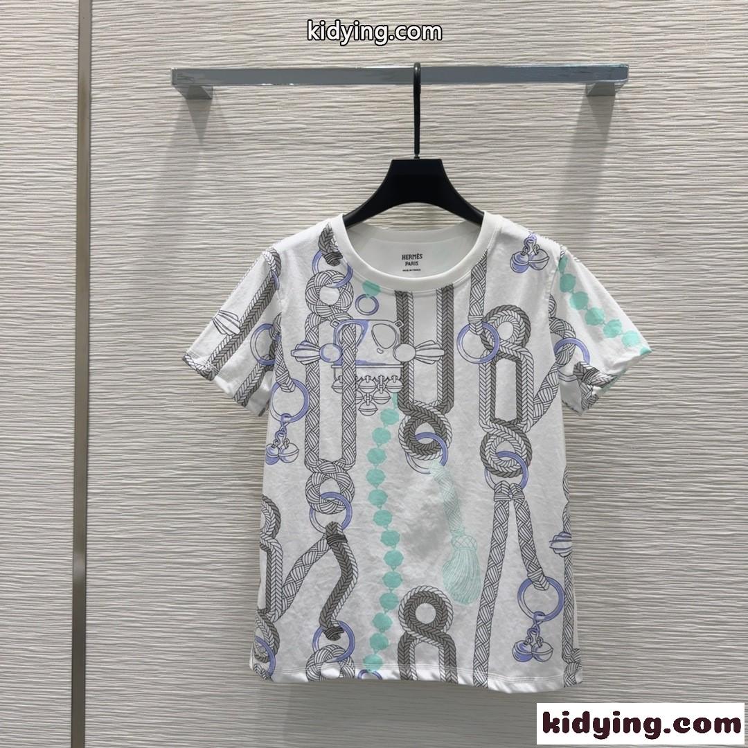 目を引く プリント 半袖Tシャツ エルメス Tシャツ コピー コットン ホワイト-0
