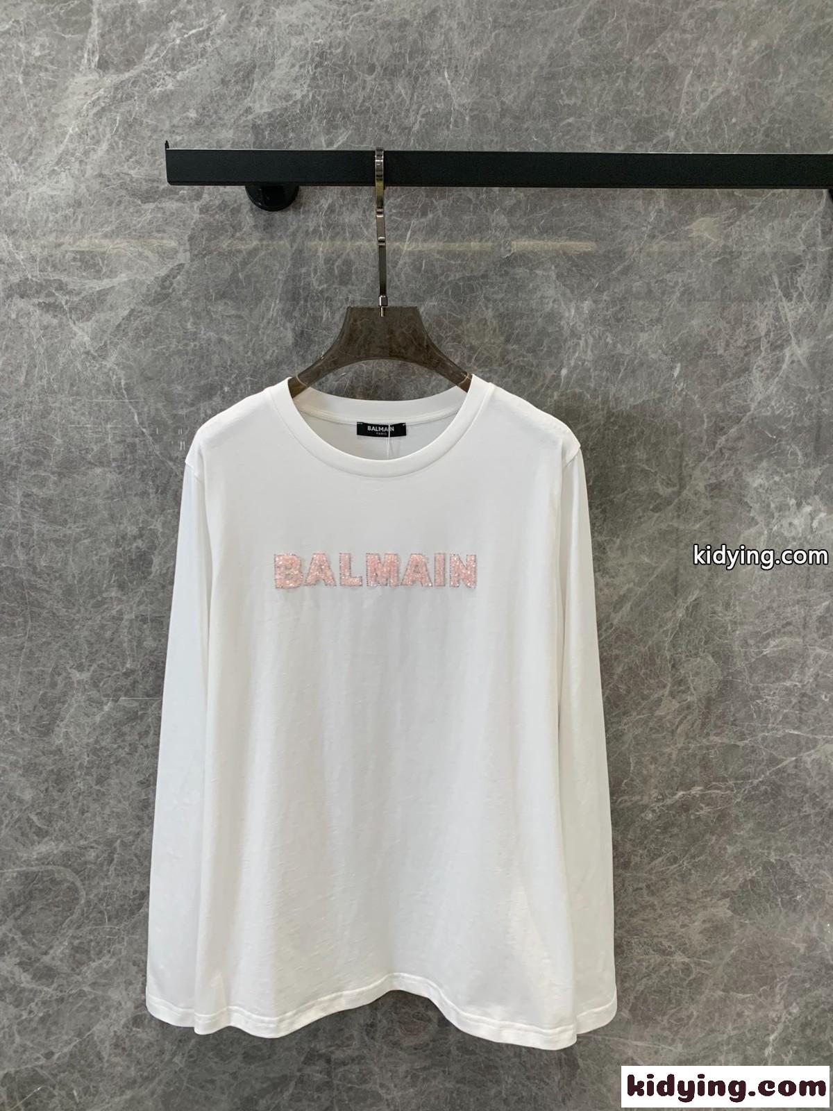 シンプル ロゴ入り 長袖Tシャツ バルマン Tシャツ コピー ホワイト-1