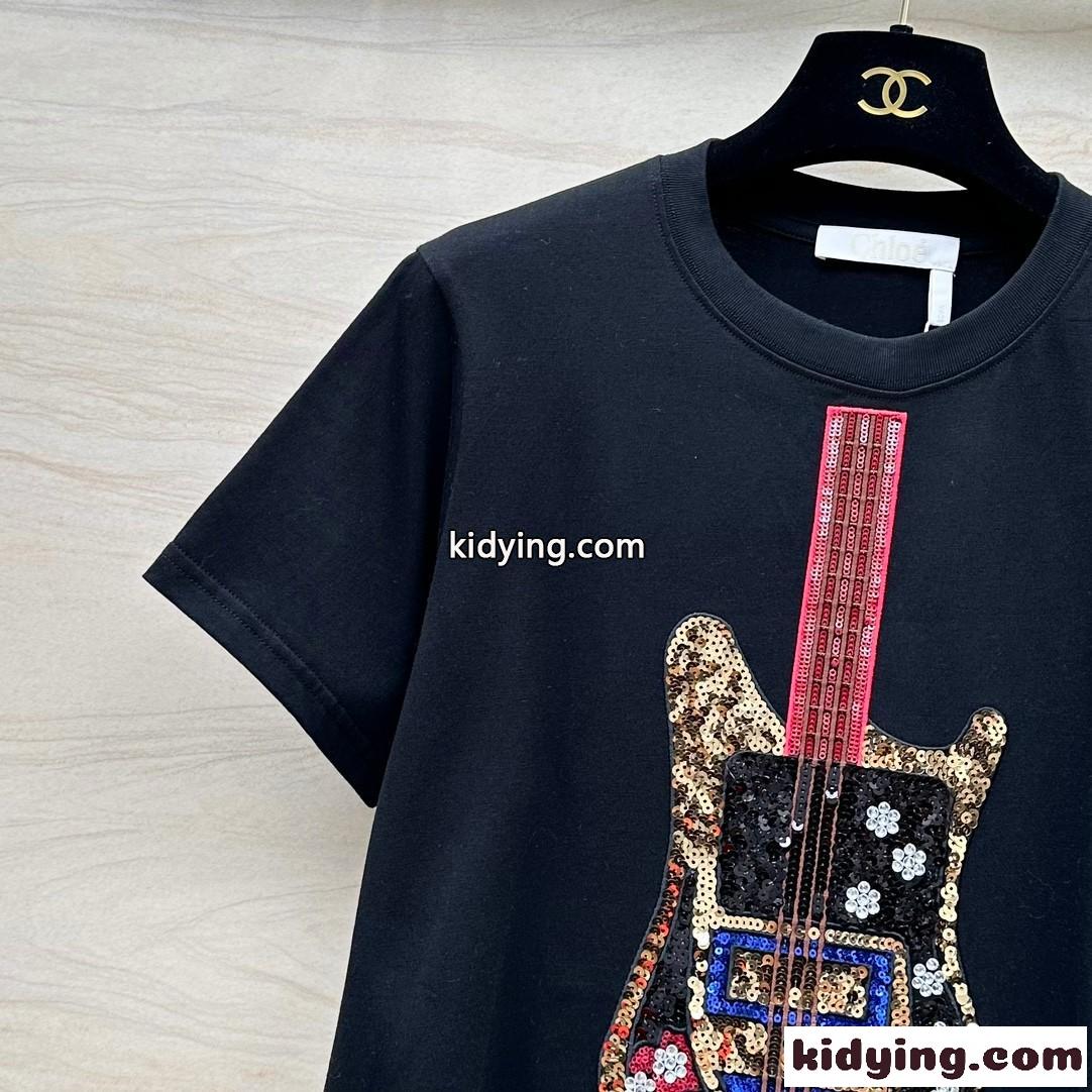 スパンコール 刺繍入り 半袖Tシャツ クロエ Tシャツ コピー クルーネック-3