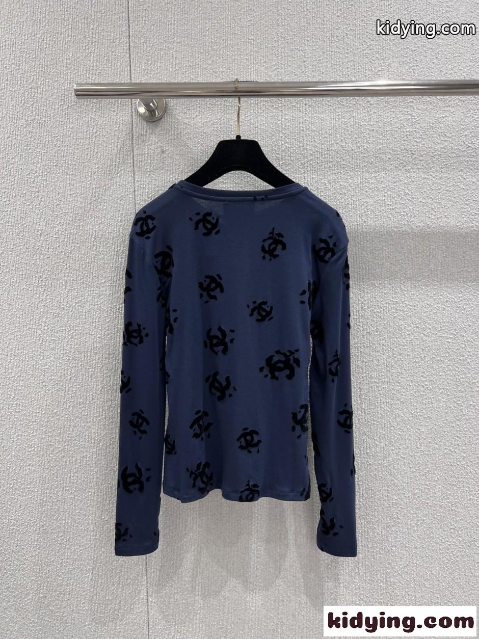シンプル CCロゴ 長袖Tシャツ シャネル Tシャツ コピー クルーネック ネイビー-2