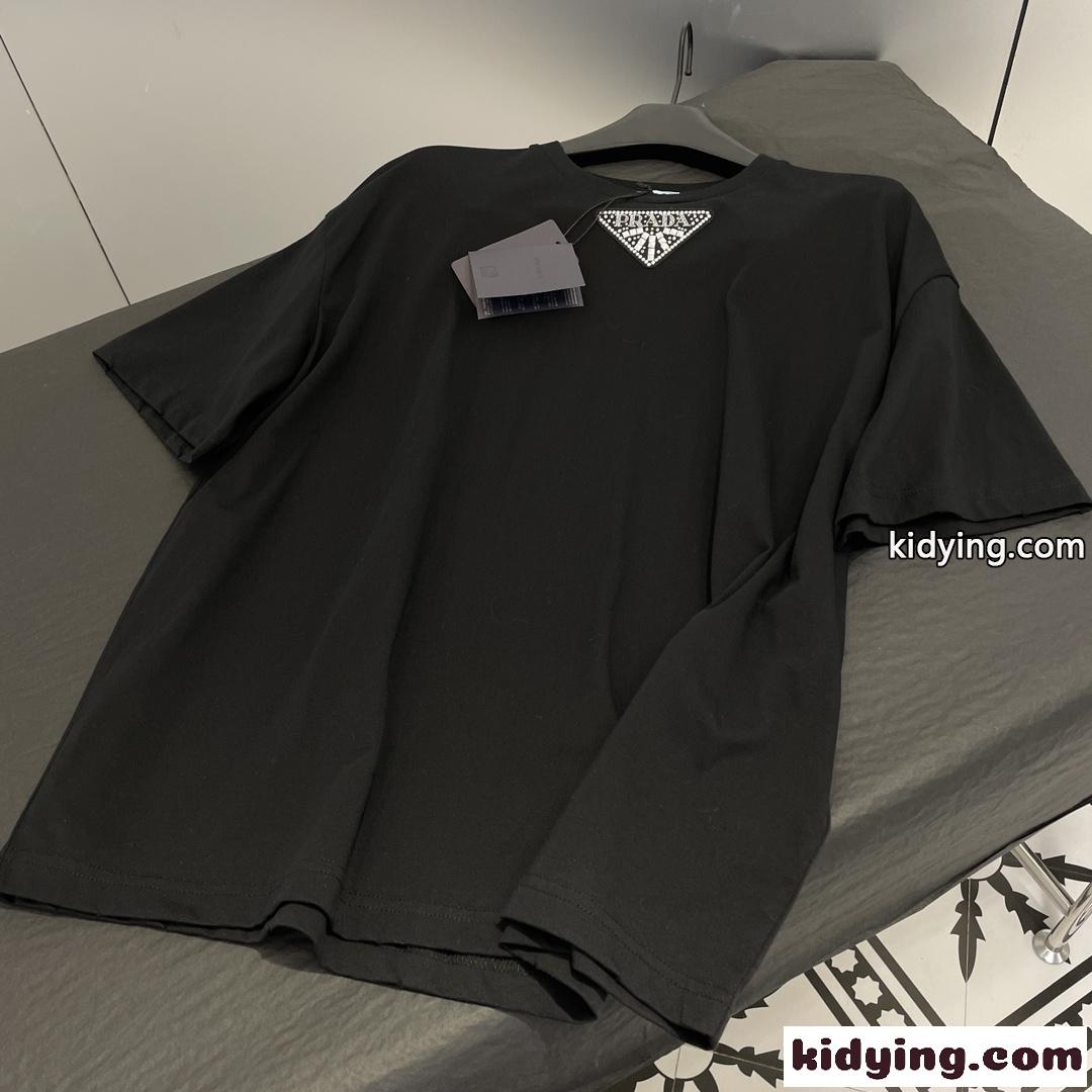 ベーシック おしゃれ ロゴ入り クルーネック プラダ Tシャツ コピー オーバーサイズ ジャージー ブラック-2