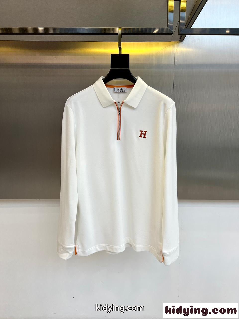 上品 カジュアル ハーフジップ 長袖 ポロシャツ エルメス Tシャツ 偽物 ホワイト-0
