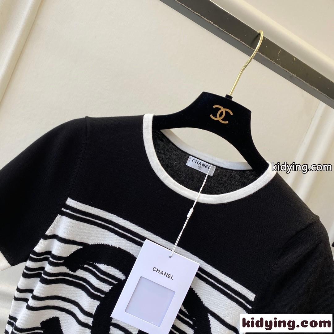 おしゃれ バイカラー ロゴ 上品 フェミニン シャネル tシャツ コピー 半袖 クルーネック カットソー-0