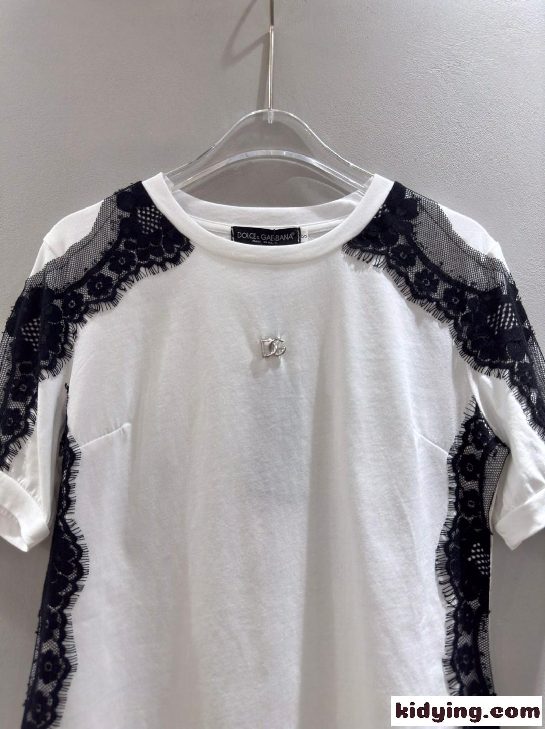 レースインサート&DGロゴ コットンTシャツ ドルチェ&ガッバーナ 半袖Tシャツ 偽物 ホワイト-2