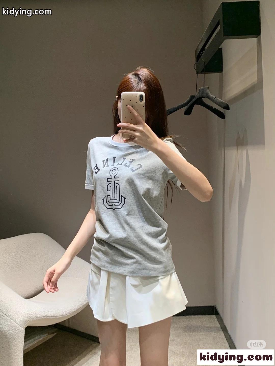 カジュアル コットン 半袖Tシャツ セリーヌ Tシャツ コピー クルーネック グレー-5