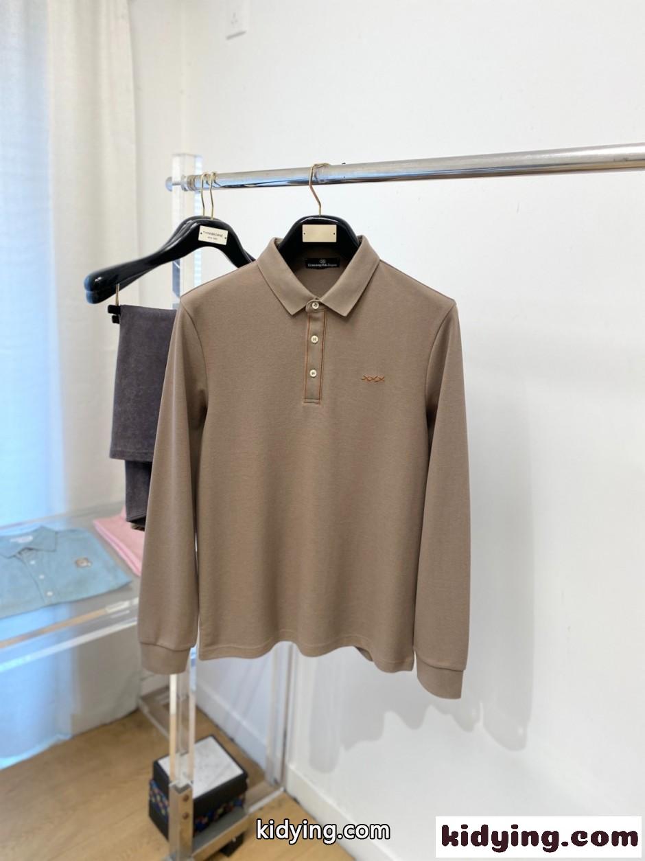 洗練された 上品 エルメネジルド・ゼニア Tシャツ 偽物 ロゴ刺繍 長袖ポロシャツ ベージュ-0