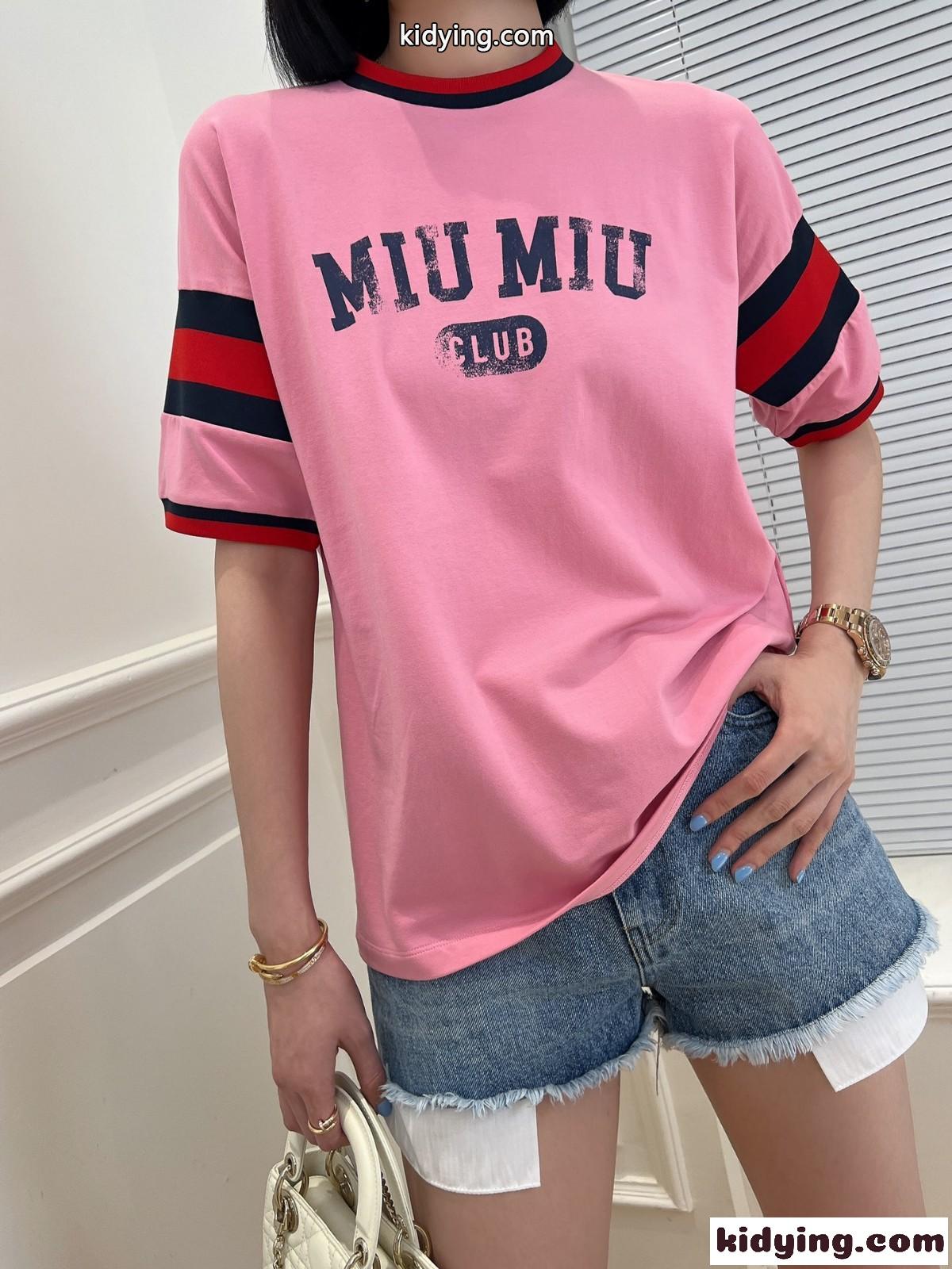 人気 新作 カジュアル ロゴ プリント ミュウミュウ 半袖tシャツ コピー クルーネック-0