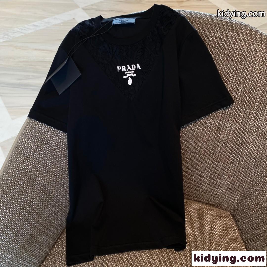 スウィート おしゃれ レース 切り替え クルーネックプラダ 半袖tシャツ コピー ロゴ トップス-2