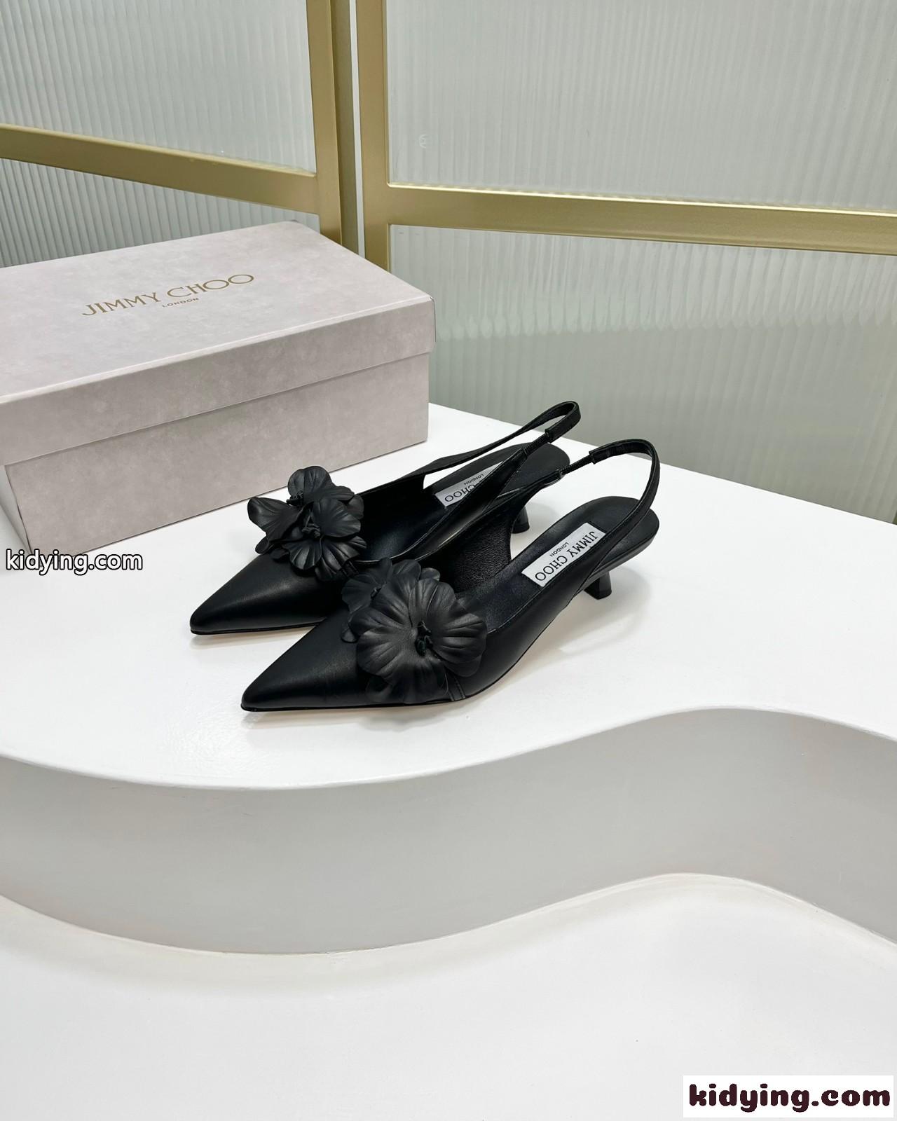 フラワー付き ナッパレザー・スリングバックパンプス ジミーチュウ パンプス コピー ブラック-1