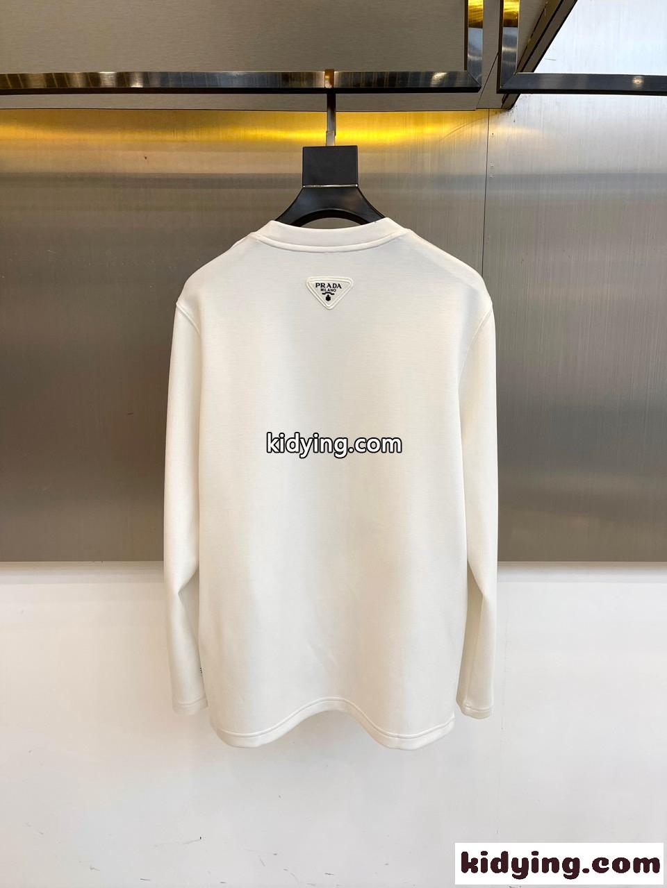 シンプル ロゴ クルーネック 長袖Tシャツ プラダ Tシャツ 偽物 ホワイト-3