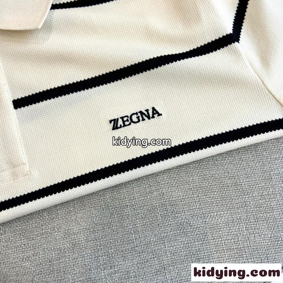 ボーダー柄 ロゴ刺繍 半袖 ポロシャツ エルメネジルド・ゼニア Tシャツ 偽物 ホワイト-2