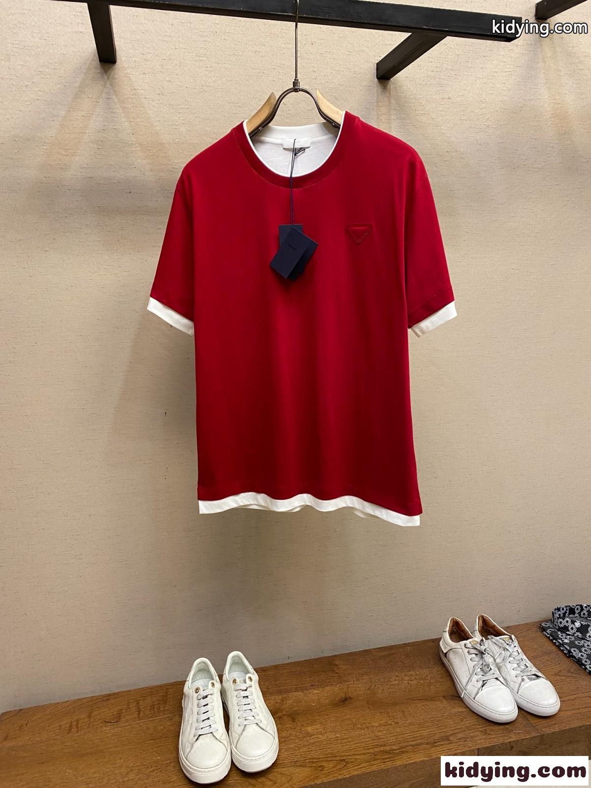 おしゃれ コットン 半袖Tシャツ プラダ Tシャツ コピー ユニセックス レッド-0